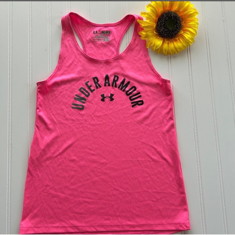 Under Armour (Tank Top) (M) Women Pink Excellent HeatGear Racerback Logo Active